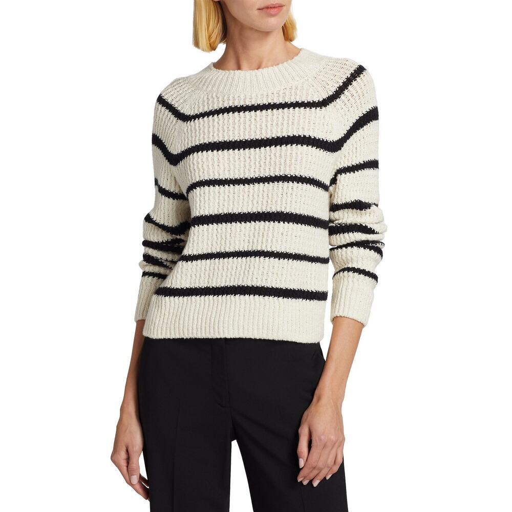 Vince Rib Stripe Crewneck Sweater Sz Small Cotton Textured Pampas Black Minimal